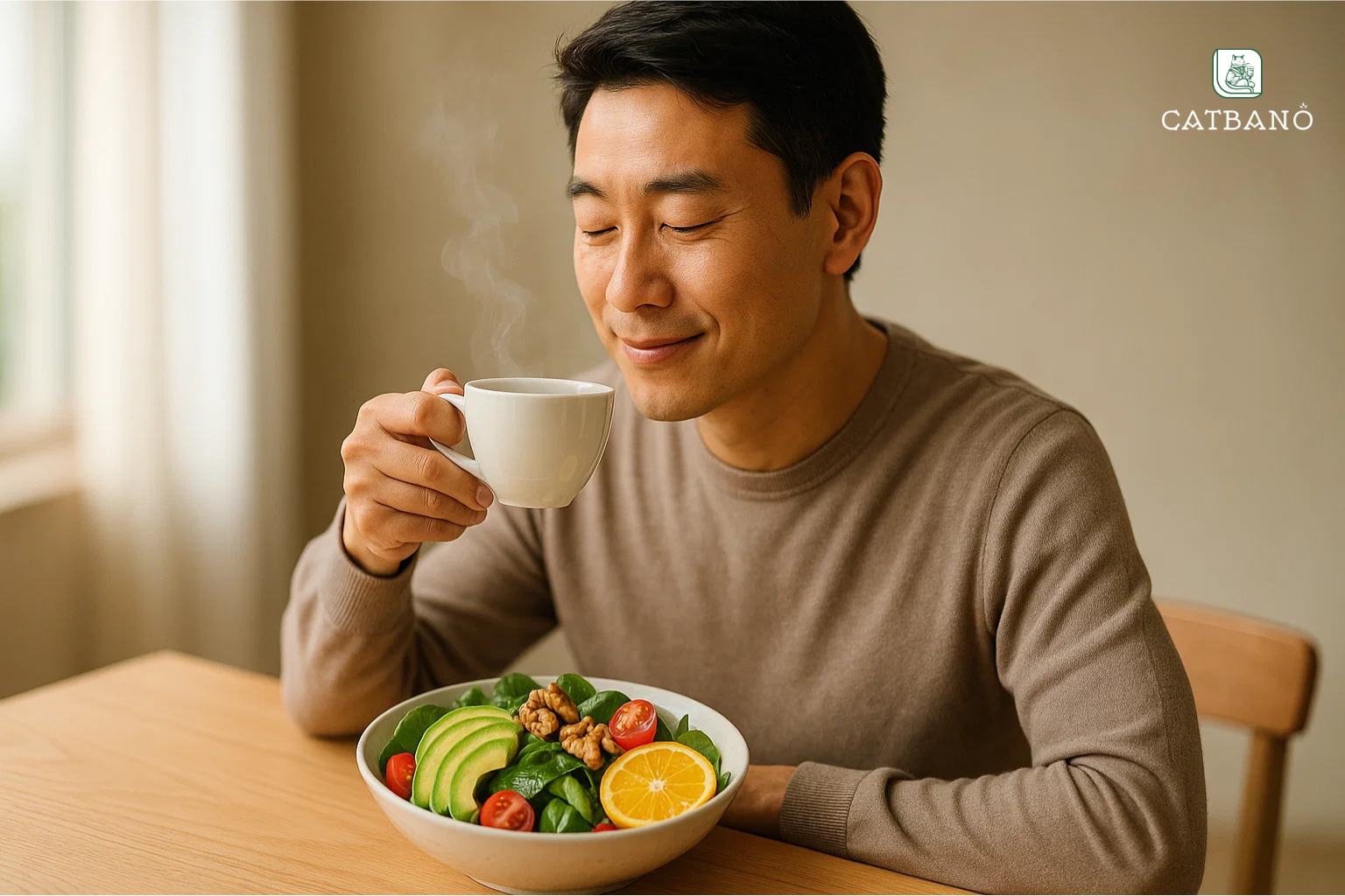 Khách hàng thưởng trà Oolong tại Catbano, kèm đồ uống healthy và bàn gỗ tối giản. hợp salad và thực phẩm healthy.