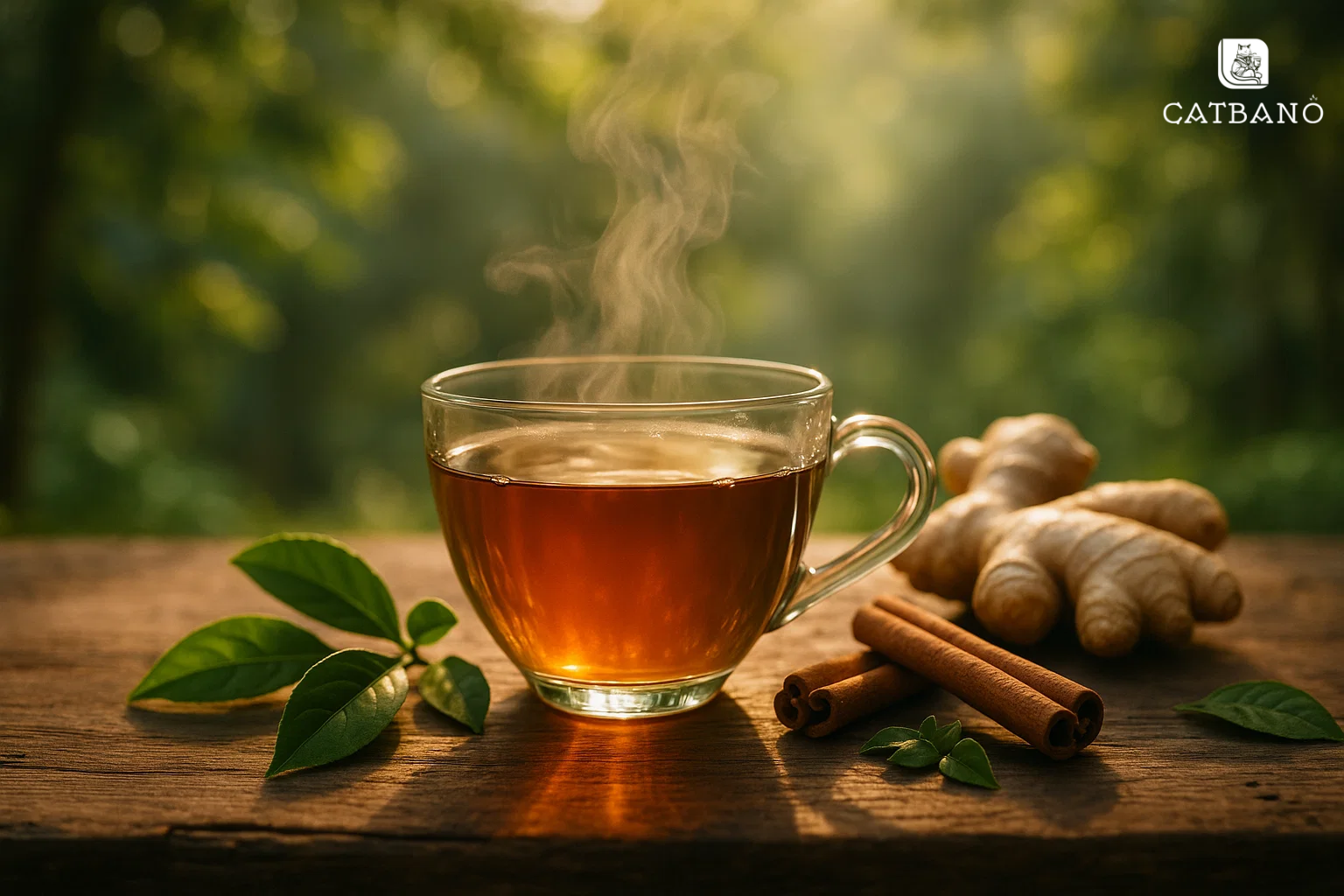 Cốc trà Oolong ấm kèm lát quế và gừng, đặt trên bàn, biểu thị kiểm soát đường huyết và chăm sóc sức khỏe.