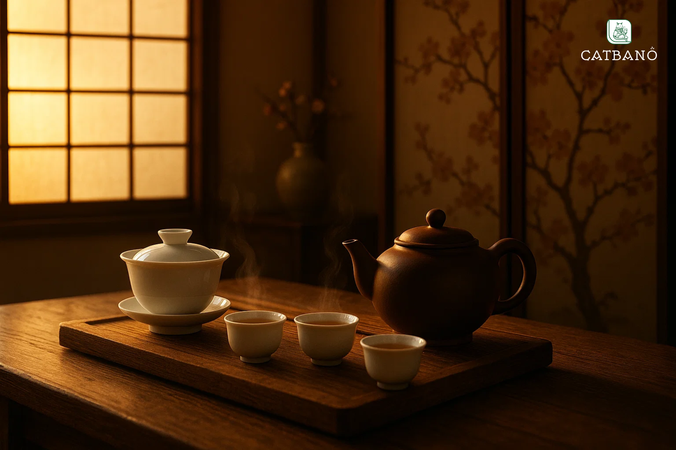 Buổi thưởng trà Gongfu với Oolong, ấm tử sa, chén nhỏ, khay trà gỗ trên bàn.
