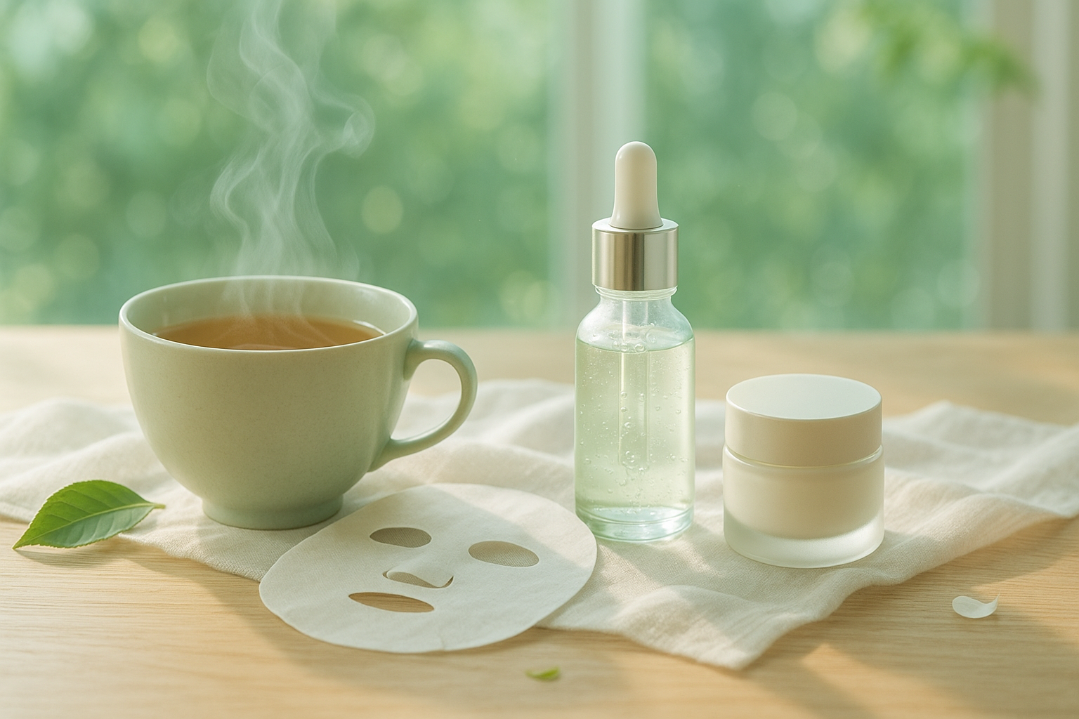 Chén trà Oolong đặt trên bàn gỗ, cùng phụ kiện chăm sóc da như mặt nạ, serum, ánh sáng tự nhiên.