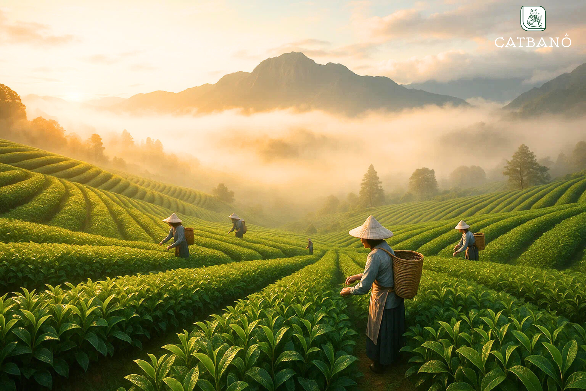 Đồi chè Alishan Đài Loan với sương mù bao phủ