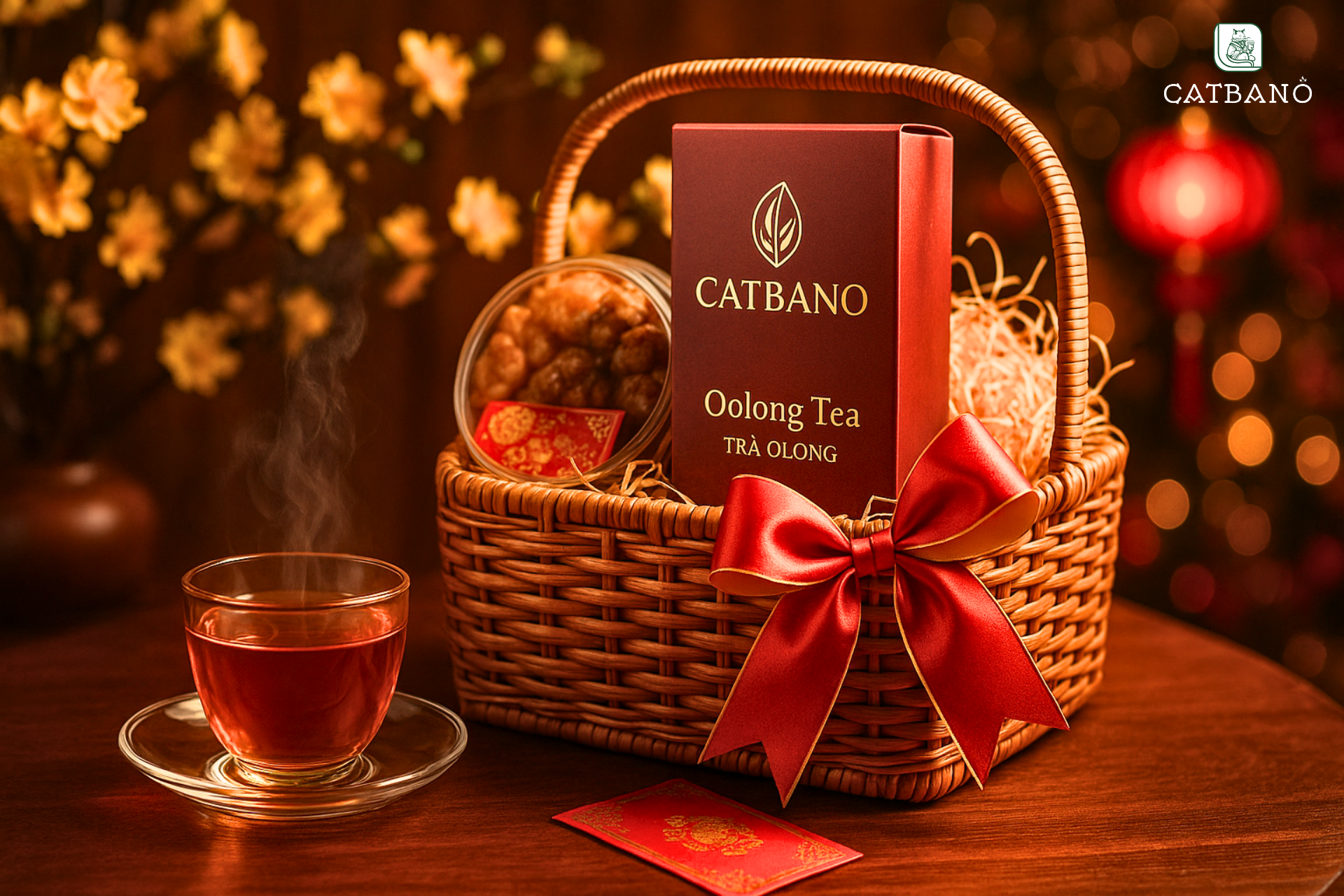 Giỏ quà Tết kết hợp trà Oolong và bánh kẹo cao cấp