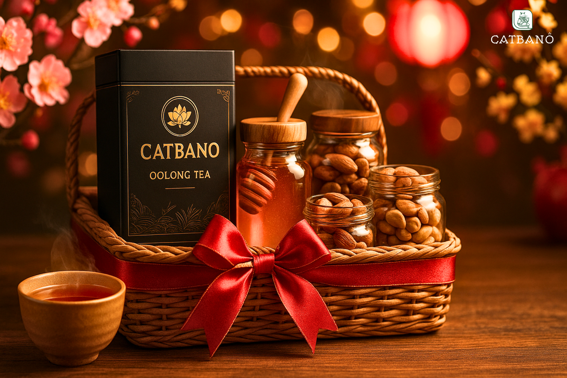 Giỏ quà Tết trà Oolong với hạt dinh dưỡng và mật ong