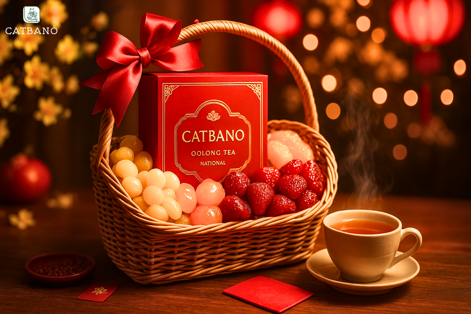 Giỏ quà Tết truyền thống với trà Oolong và mứt trái cây