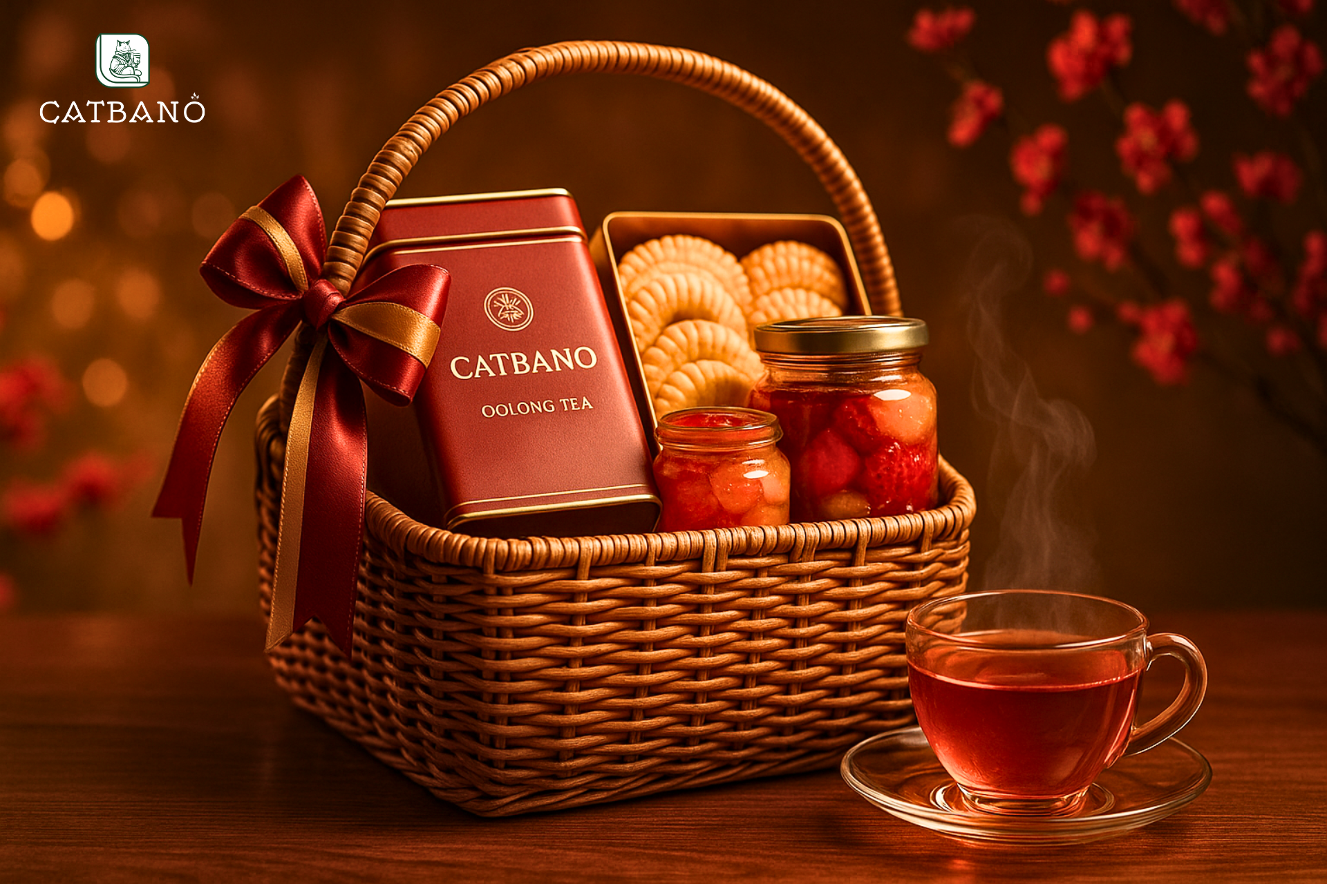 Giỏ quà biếu trà Oolong kết hợp bánh quy và mứt trái cây