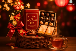 Giỏ quà biếu trà Oolong kết hợp bánh quy và mứt trái cây