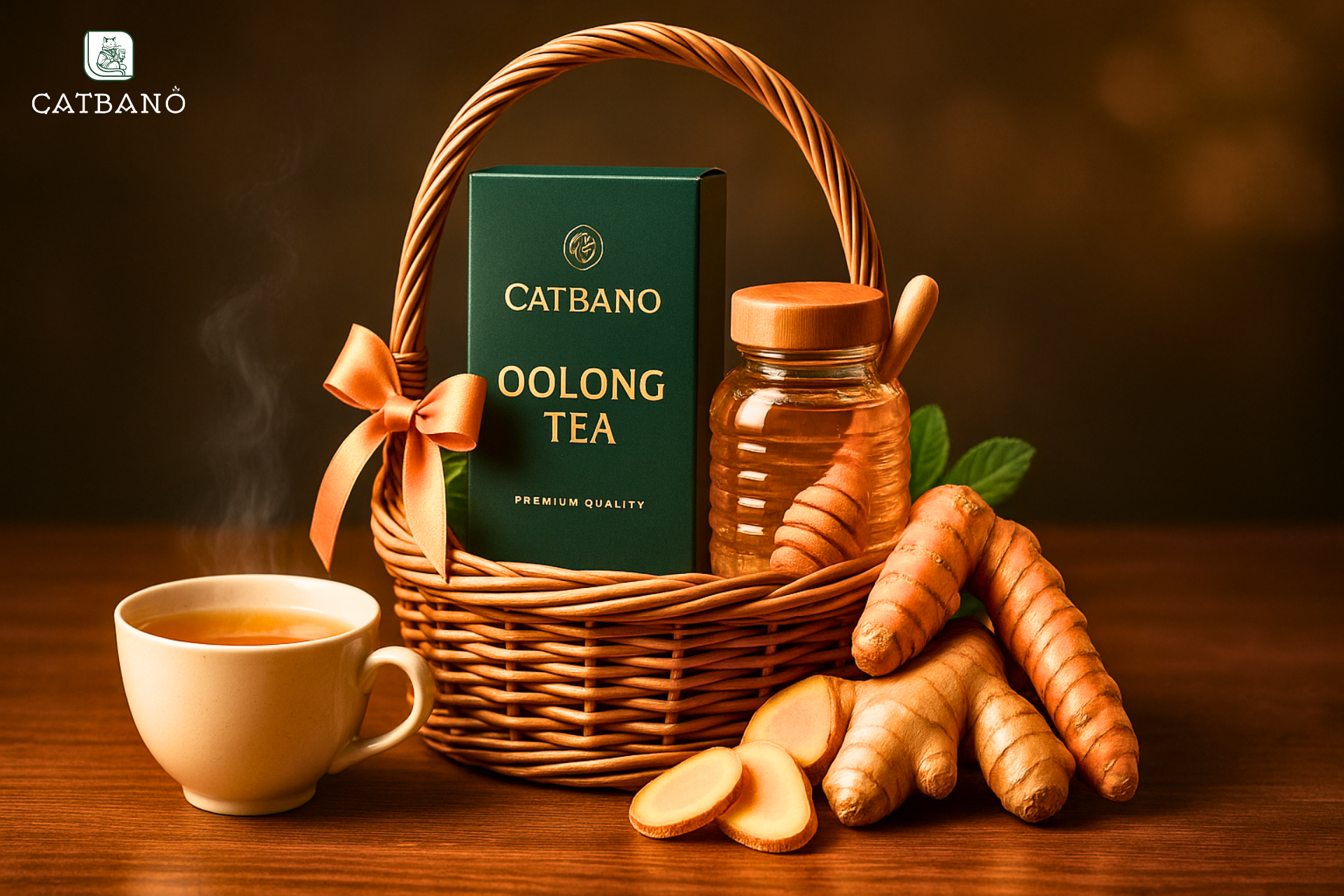 Giỏ quà trà Oolong với gừng, nghệ và mật ong
