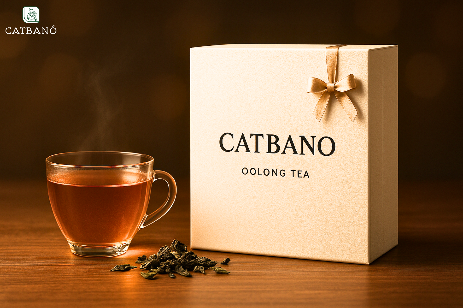 Hộp trà Oolong biếu tặng sang trọng với bao bì vàng ánh kim