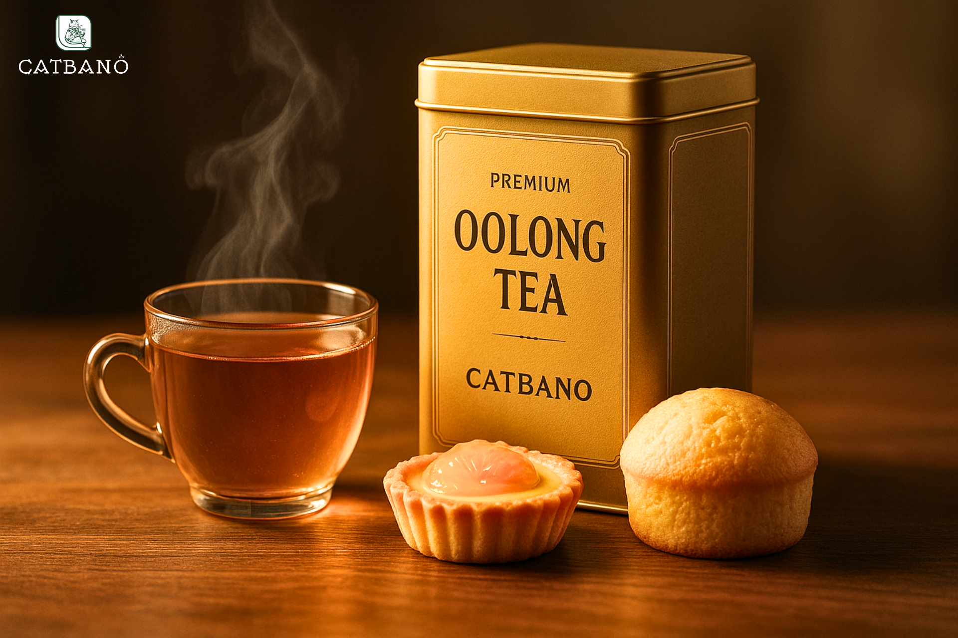 Hộp trà Oolong đi kèm bánh tart và bánh bông lan