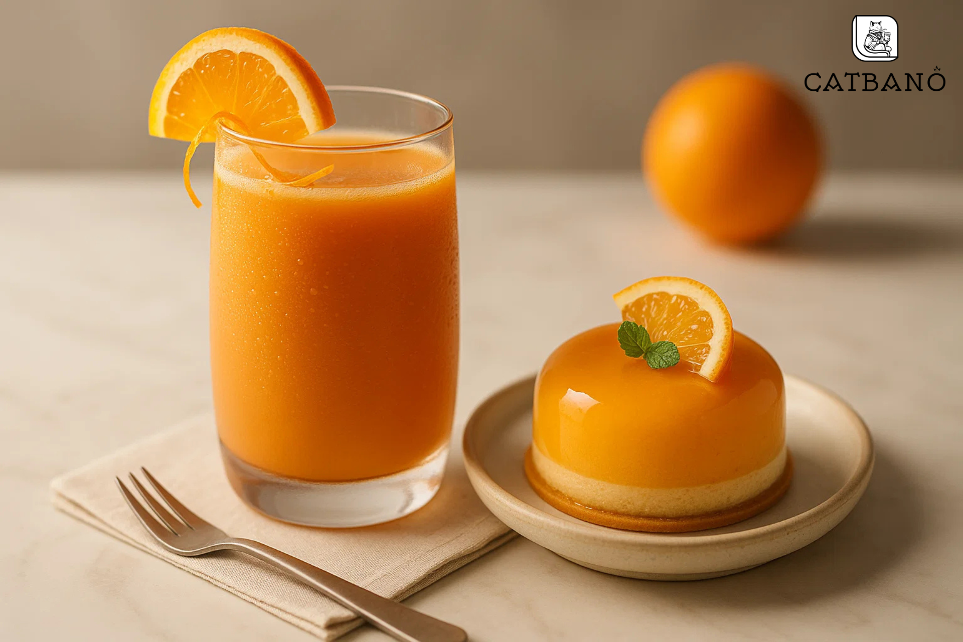 Ly trà sữa Oolong cam sáng màu, trang trí lát cam tươi, đặt cạnh bánh mousse cam.