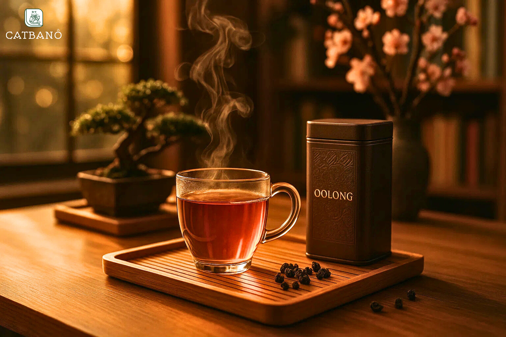 Tách trà Oolong Phước Lạc trong không gian thưởng trà tại Catbano