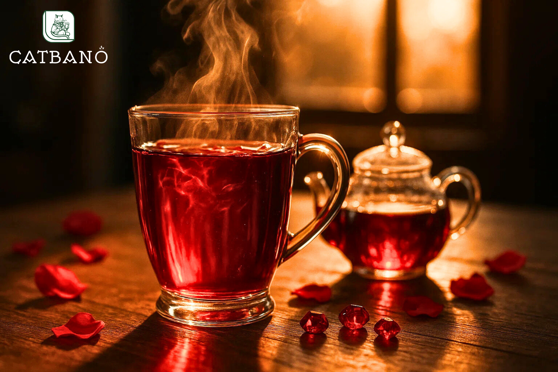 Trà Oolong Ruby đỏ sóng sánh trong ly thủy tinh
