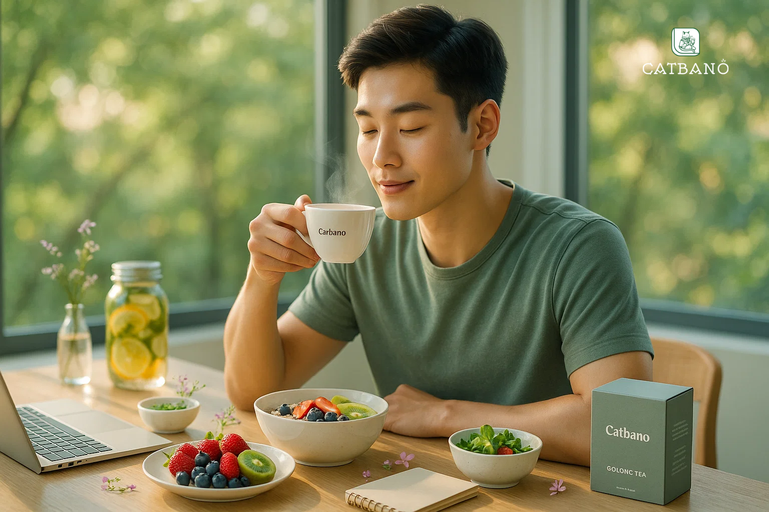 Người dùng Catbano thưởng trà Oolong buổi sáng, kết hợp chế độ ăn healthy, tập trung vào làn da sáng khỏe.