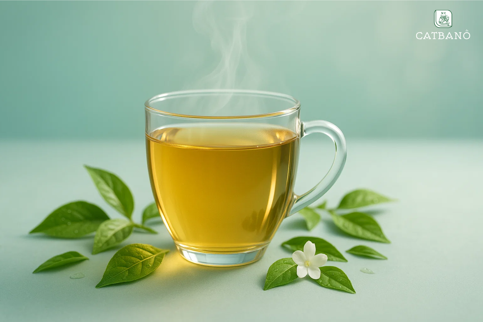 Ly trà Oolong với lá trà xanh và ánh sáng studio tinh tế, tạo cảm giác tươi trẻ, thư giãn, tăng sức sống cho làn da.