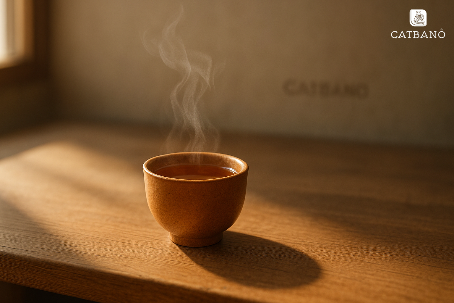 Chén trà Oolong bốc khói trên bàn gỗ tại Catbano, ánh sáng tự nhiên, không gian tối giản.