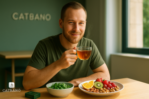 Khách hàng thưởng trà Oolong tại Catbano kèm thực phẩm healthy, thể hiện chế độ ăn lành mạnh.