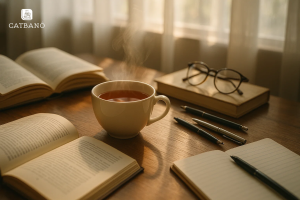 Người thưởng trà Oolong tại bàn làm việc, laptop, sổ tay, tập trung làm việc.