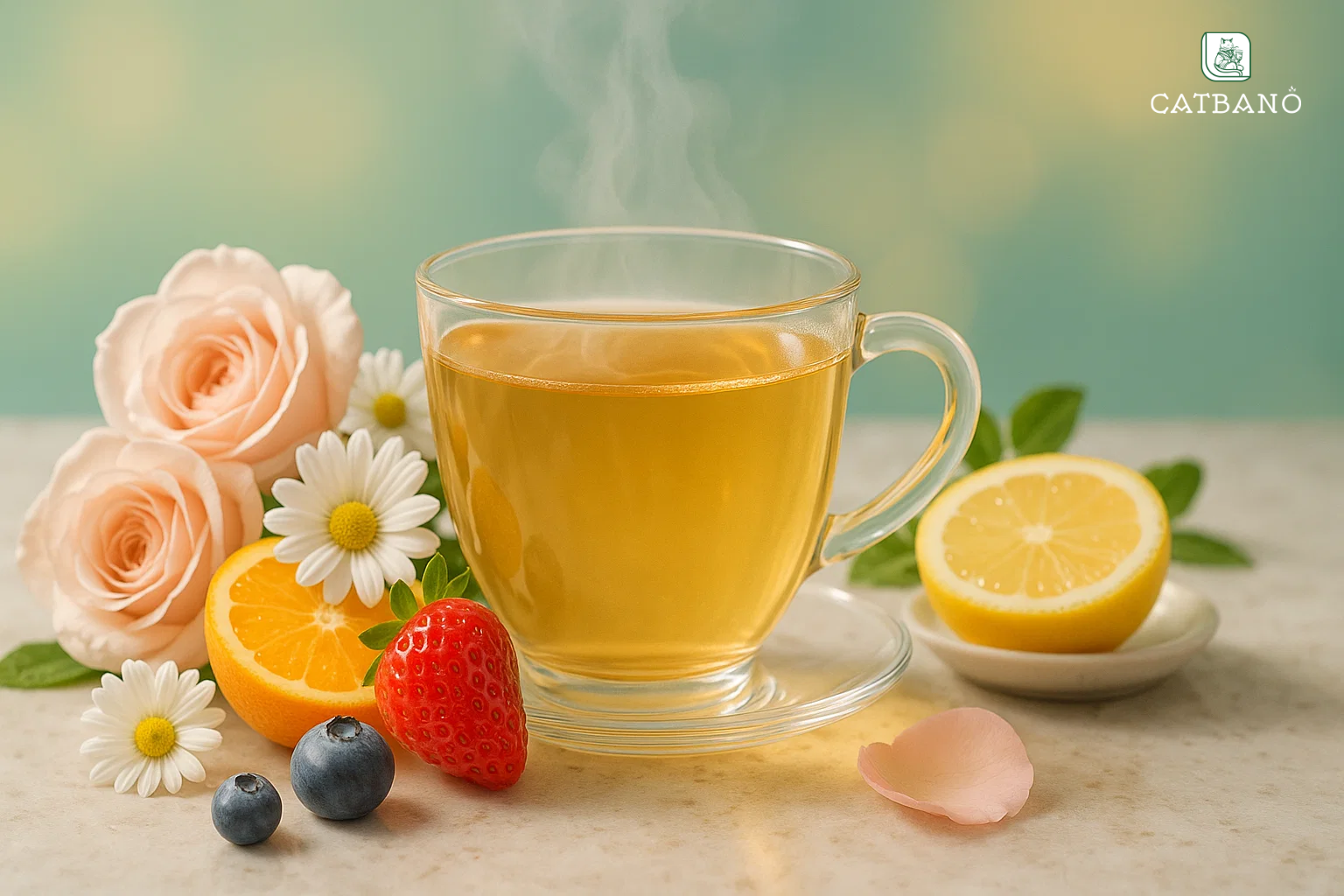 Trà Oolong kết hợp hoa và trái cây, ánh sáng mềm mại, minh họa hiệu quả chống lão hóa và làm sáng da tự nhiên.