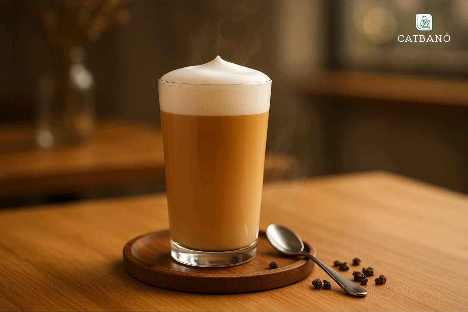 Oolong latte trong ly thủy tinh, có lớp bọt sữa nhẹ.