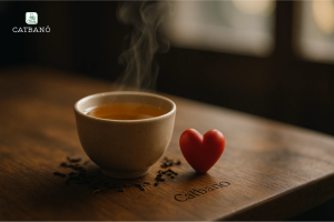 Chén trà Oolong đặt trên bàn gỗ tại Catbano, cạnh trái tim mô hình nhỏ, ánh sáng tự nhiên.