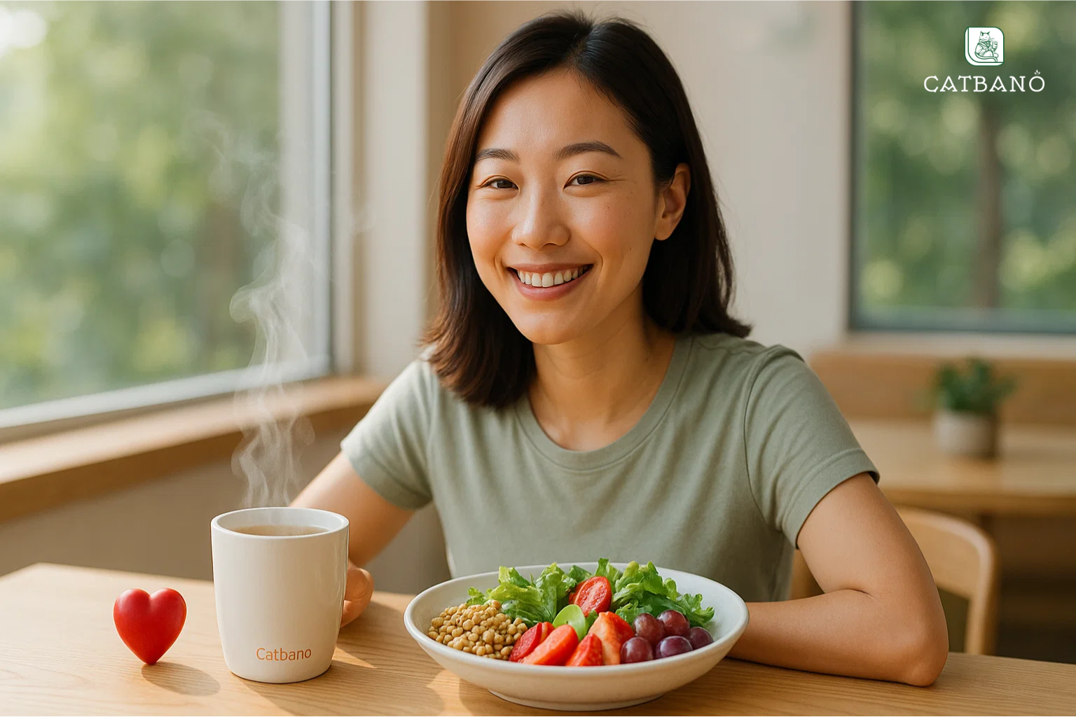 Khách hàng thưởng trà Oolong sau bữa ăn, kết hợp chế độ ăn healthy, tập trung vào trái tim khỏe mạnh.