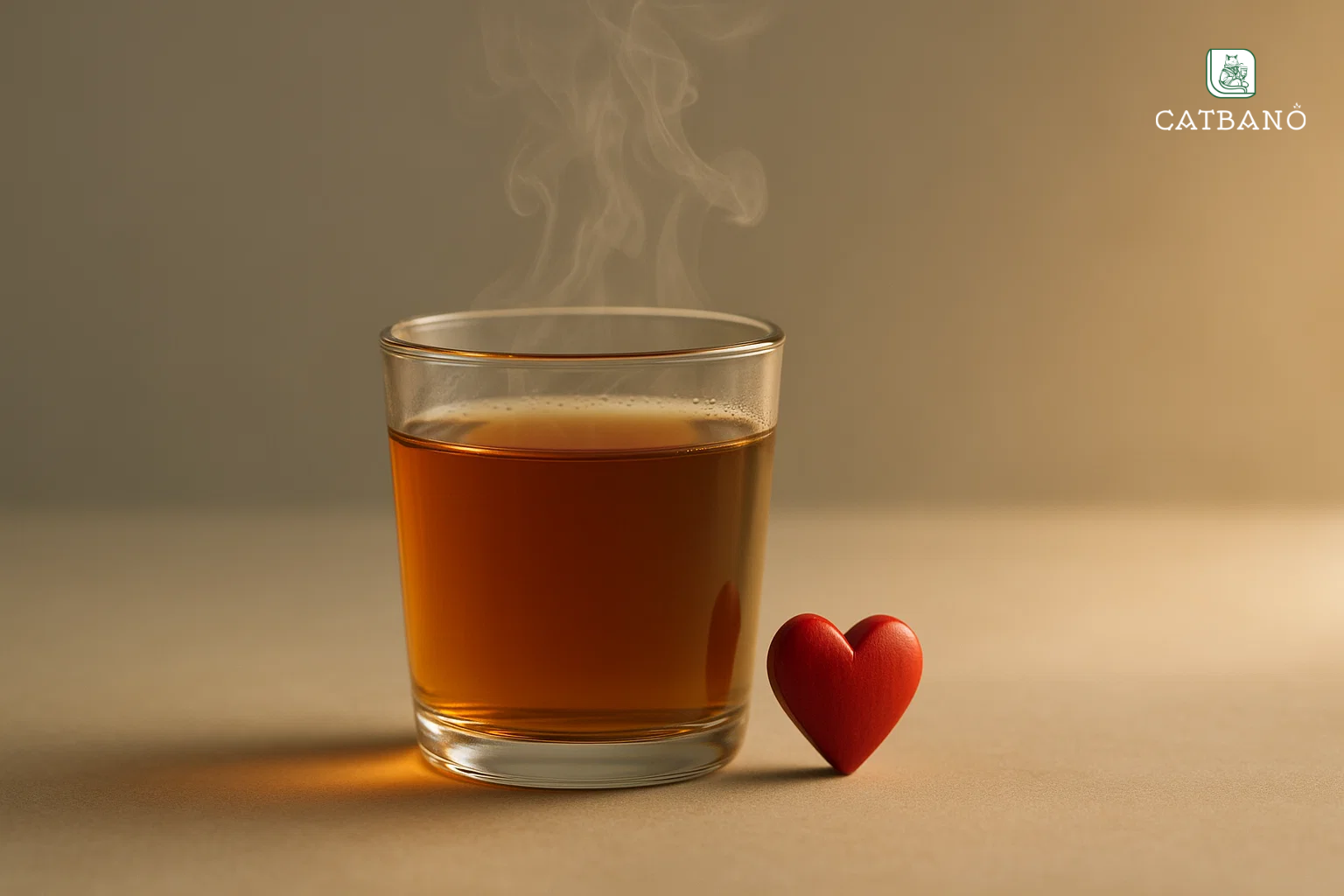 Ly trà Oolong với biểu tượng tim đỏ trên bàn studio, ánh sáng mềm mại, bố cục nghệ thuật.