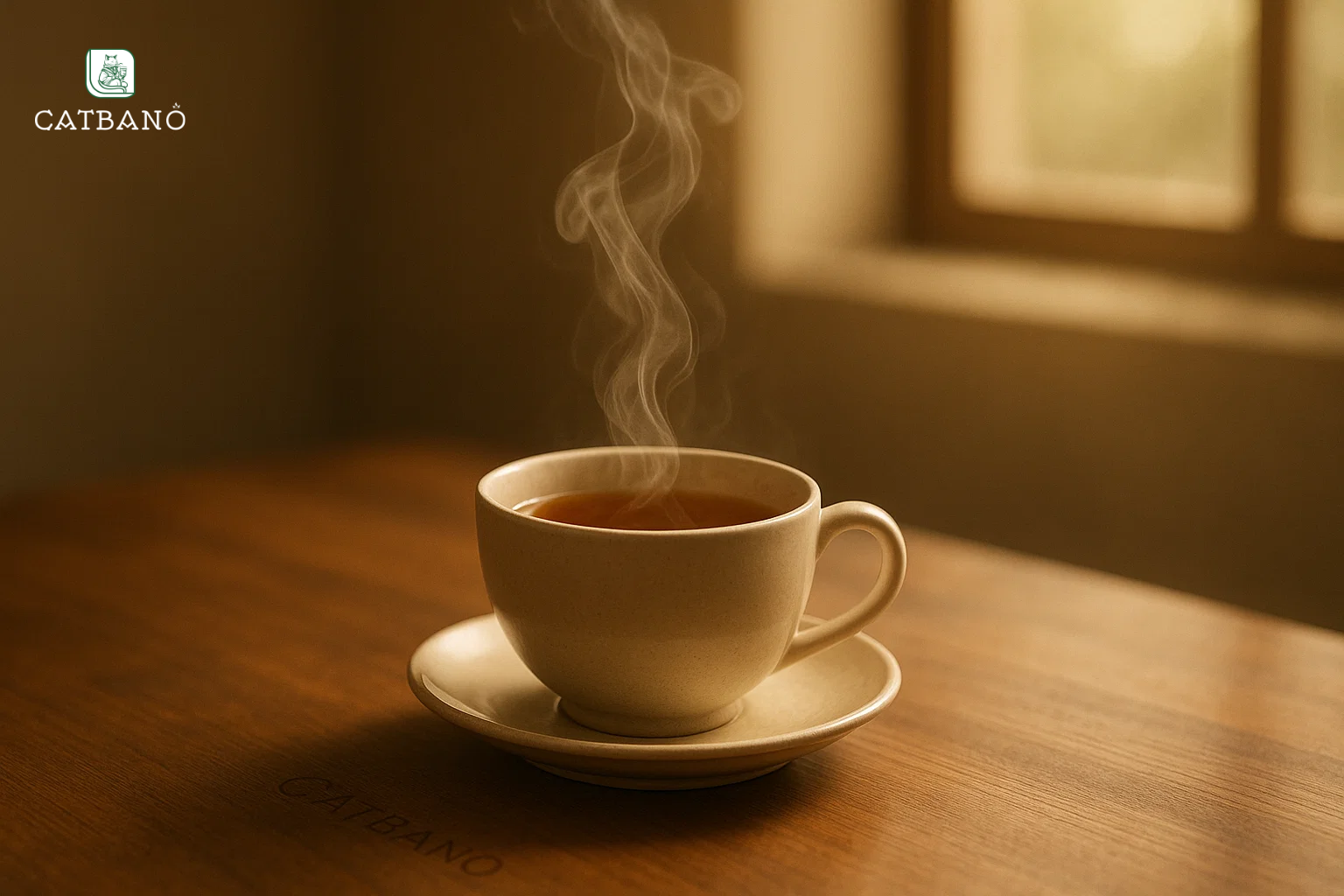 Chén trà Oolong bốc khói sau bữa ăn tại Catbano, ánh sáng tự nhiên, bàn gỗ tối giản.