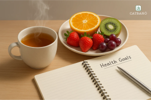 Chén trà Oolong trên bàn studio, cạnh đĩa hoa quả tươi và sổ ghi chú sức khỏe, ánh sáng mềm mại, bố cục nghệ thuật.