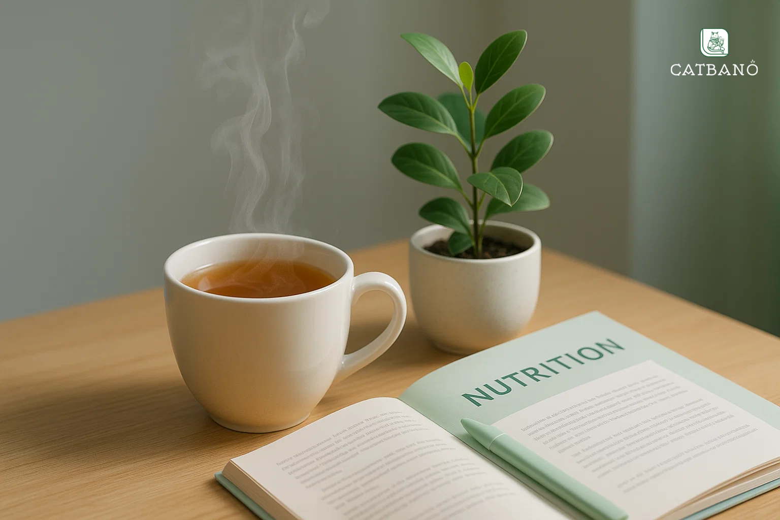 Chén trà Oolong bốc khói trên bàn gỗ trong không gian quán Catbano, ánh sáng tự nhiên.