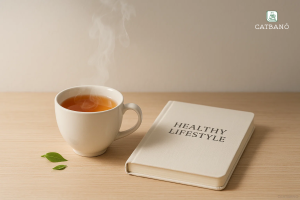 Trà Oolong với hoa quả tươi và sách sức khỏe, bố cục nghệ thuật, ánh sáng studio tinh tế, tạo cảm giác thư giãn và sang trọng.