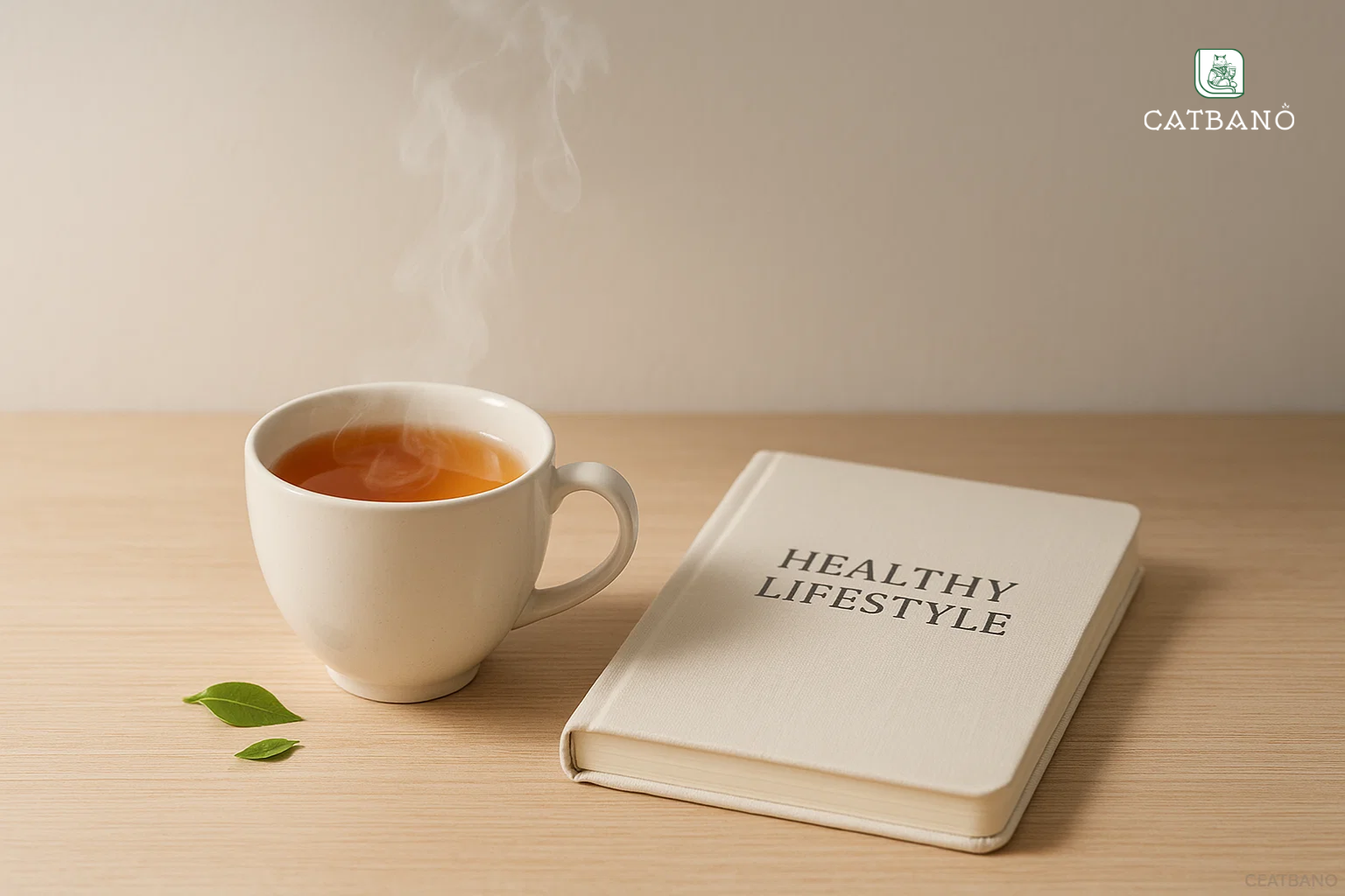 Trà Oolong với hoa quả tươi và sách sức khỏe, bố cục nghệ thuật, ánh sáng studio tinh tế, tạo cảm giác thư giãn và sang trọng.