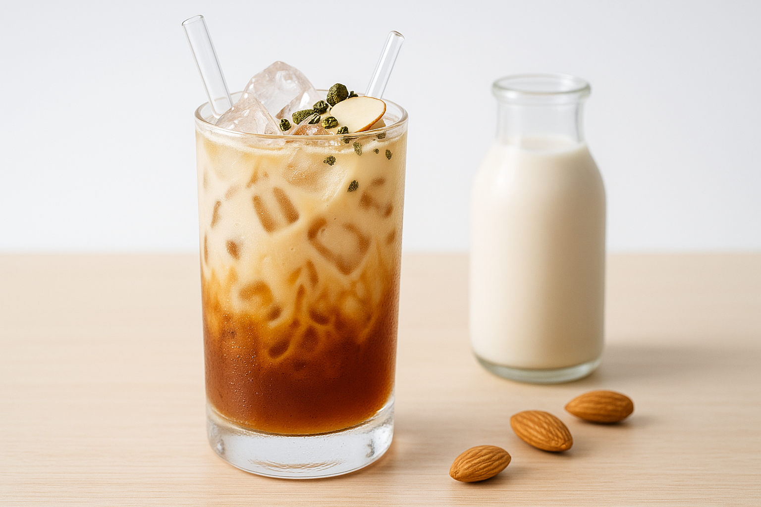 Ly Trà Sữa Matcha Oolong Hạnh Nhân trên nền sáng, trang trí hạnh nhân lát mỏng.