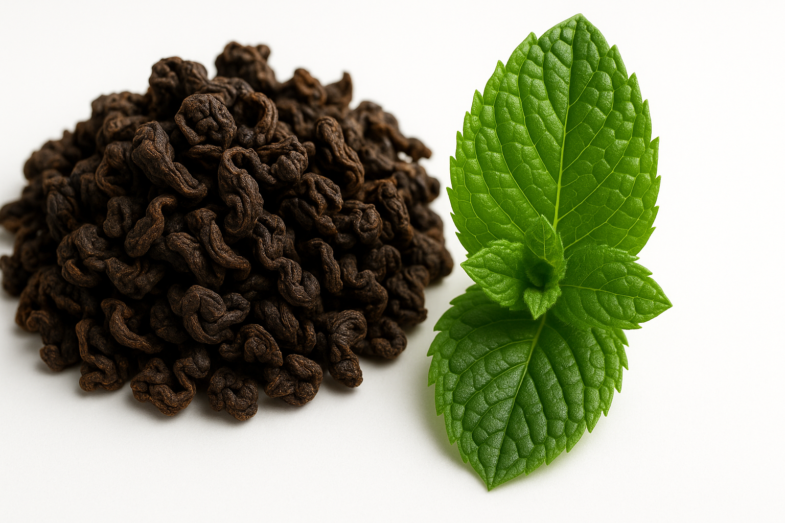 Lá trà Oolong khô và lá bạc hà tươi chụp trên nền trắng.