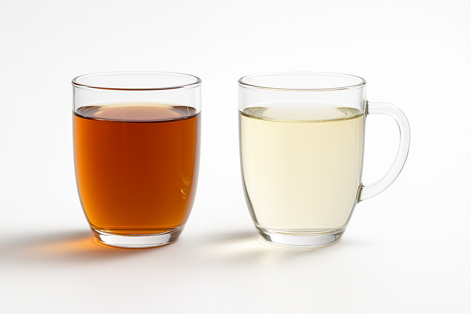 Hai ly trà (Oolong màu vàng hổ phách – Đen màu đỏ cam) đặt cạnh nhau trên bàn gỗ tối giản.