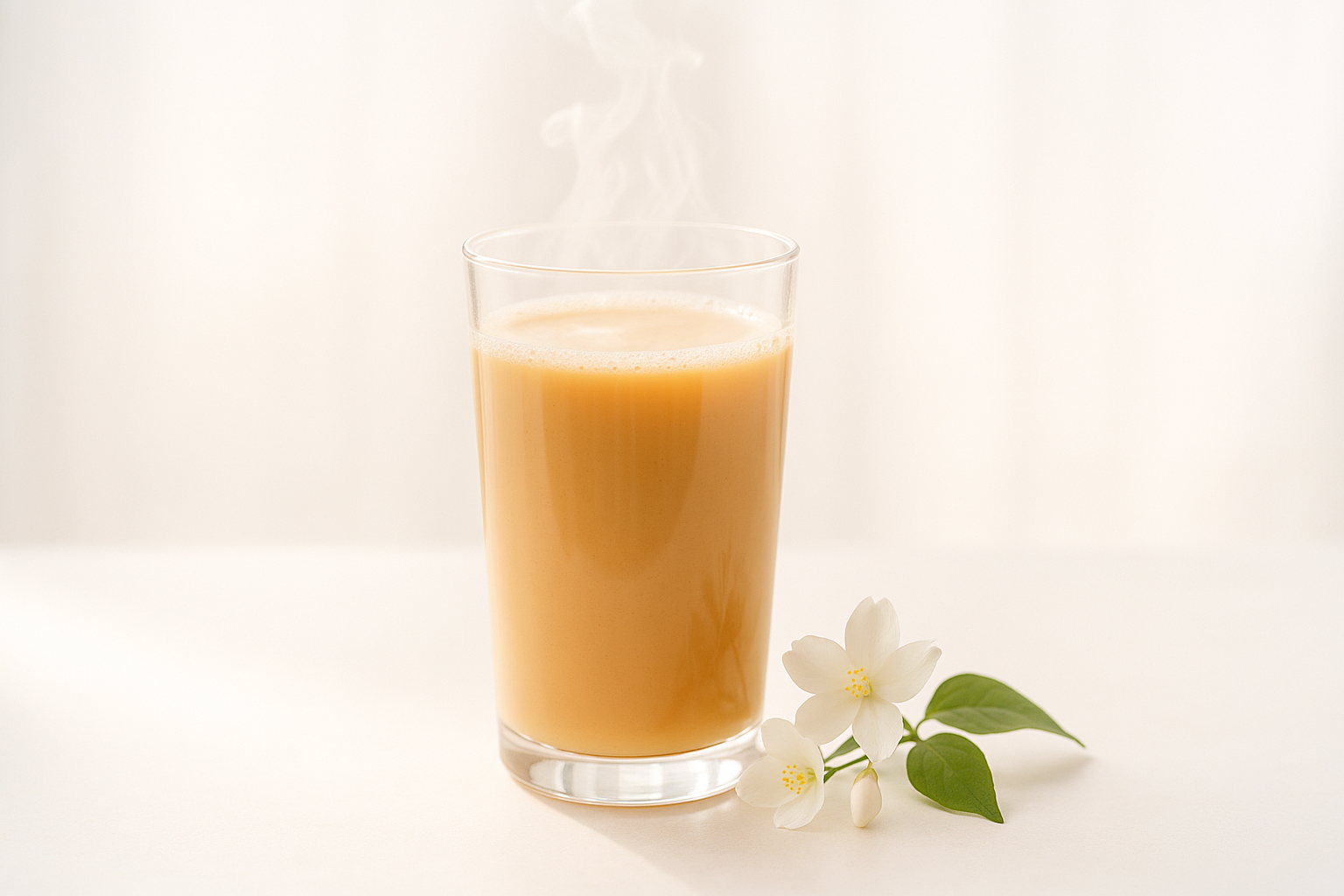 Ly trà sữa Oolong lài tỏa hương dịu nhẹ, bên cạnh nhành hoa lài trắng. Không gian sáng nhẹ, tinh khôi.