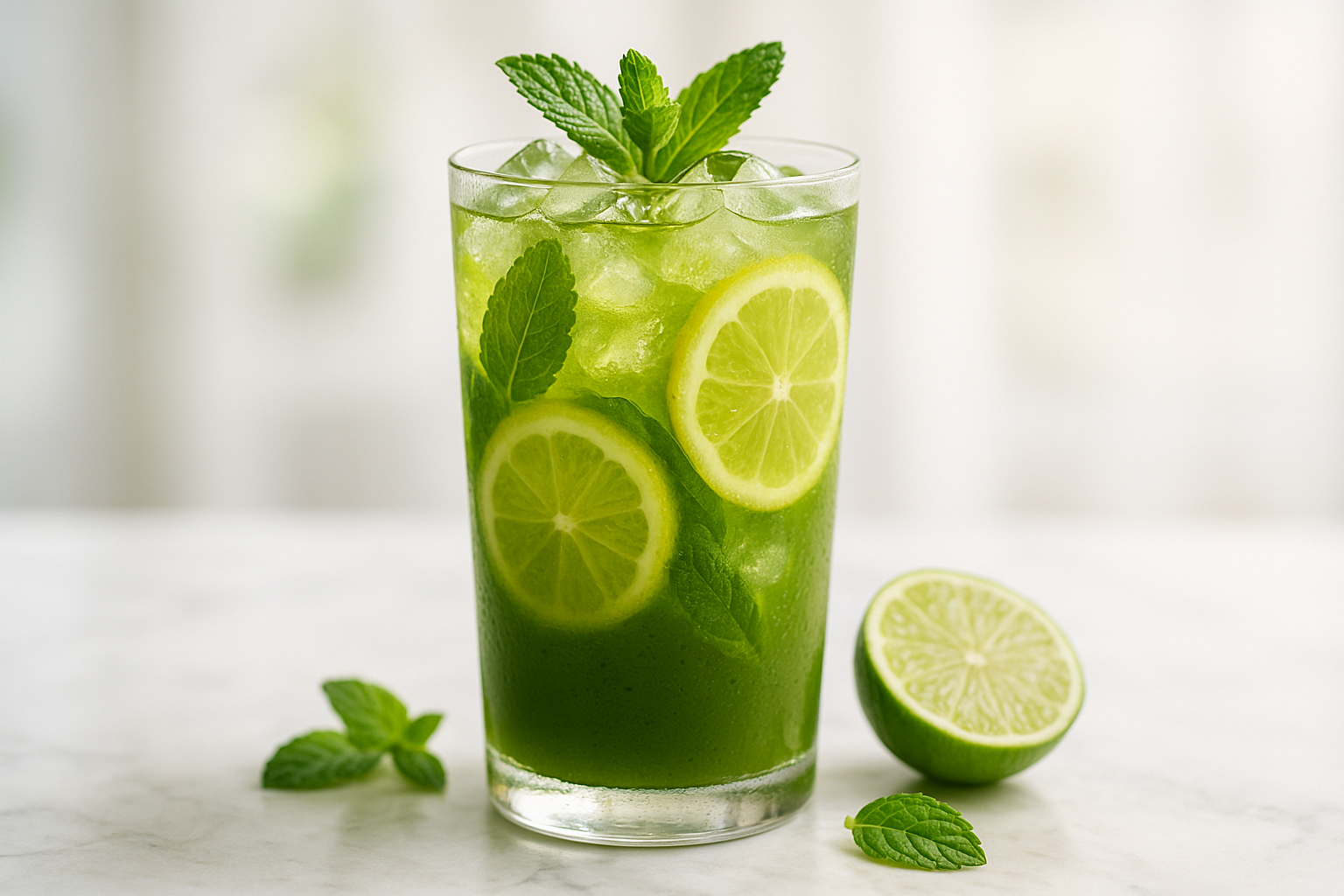 Ly Matcha Oolong Mojito với lá bạc hà và lát chanh.