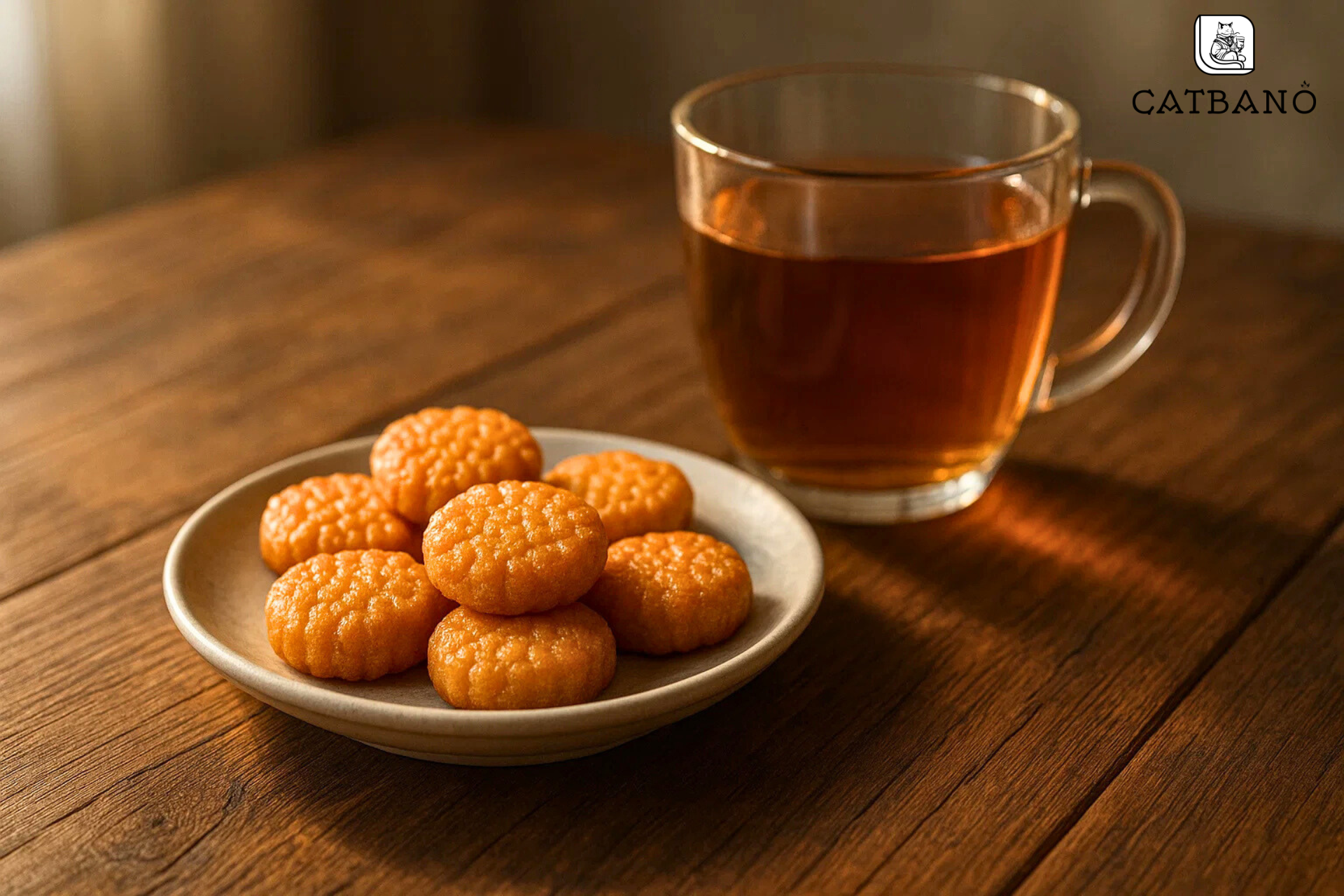 Bàn gỗ mộc mạc với bánh gạo hoặc bánh ngọt nhỏ