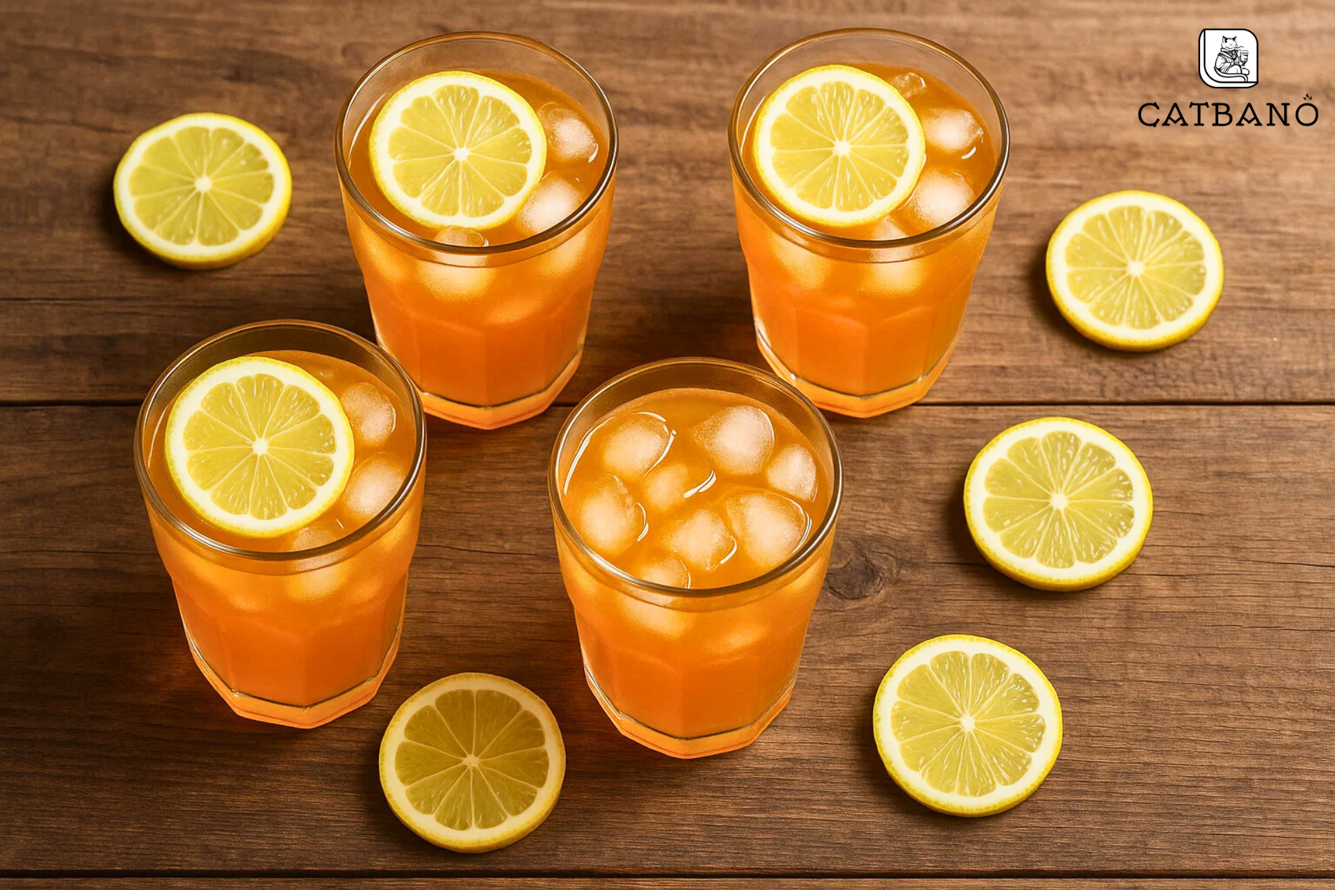 Bàn gỗ với nhiều ly trà cam quýt, kèm lát chanh trang trí.