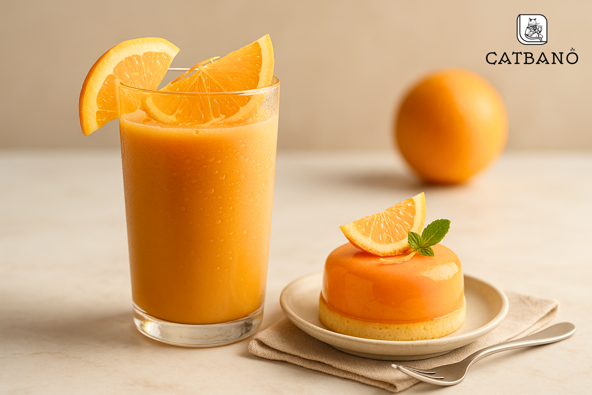 Bánh mousse cam trang trí bên cạnh