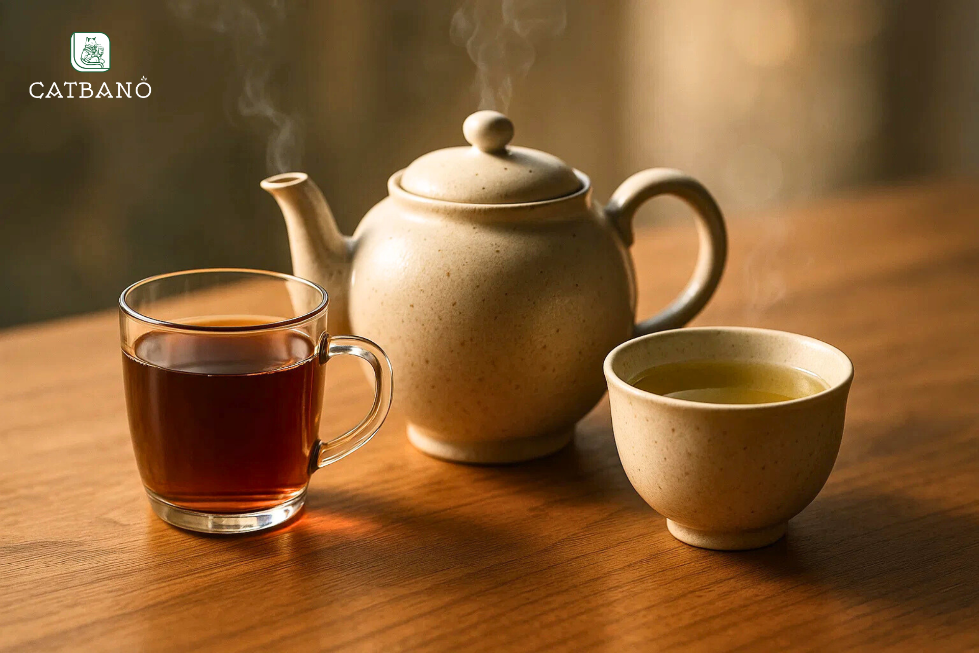 Bộ ấm trà Oolong đặt cạnh ly trà đen kiểu Anh và tách trà xanh để so sánh.