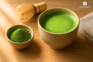 Bột Matcha Oolong trong chén gốm, cạnh ly trà đã đánh bọt