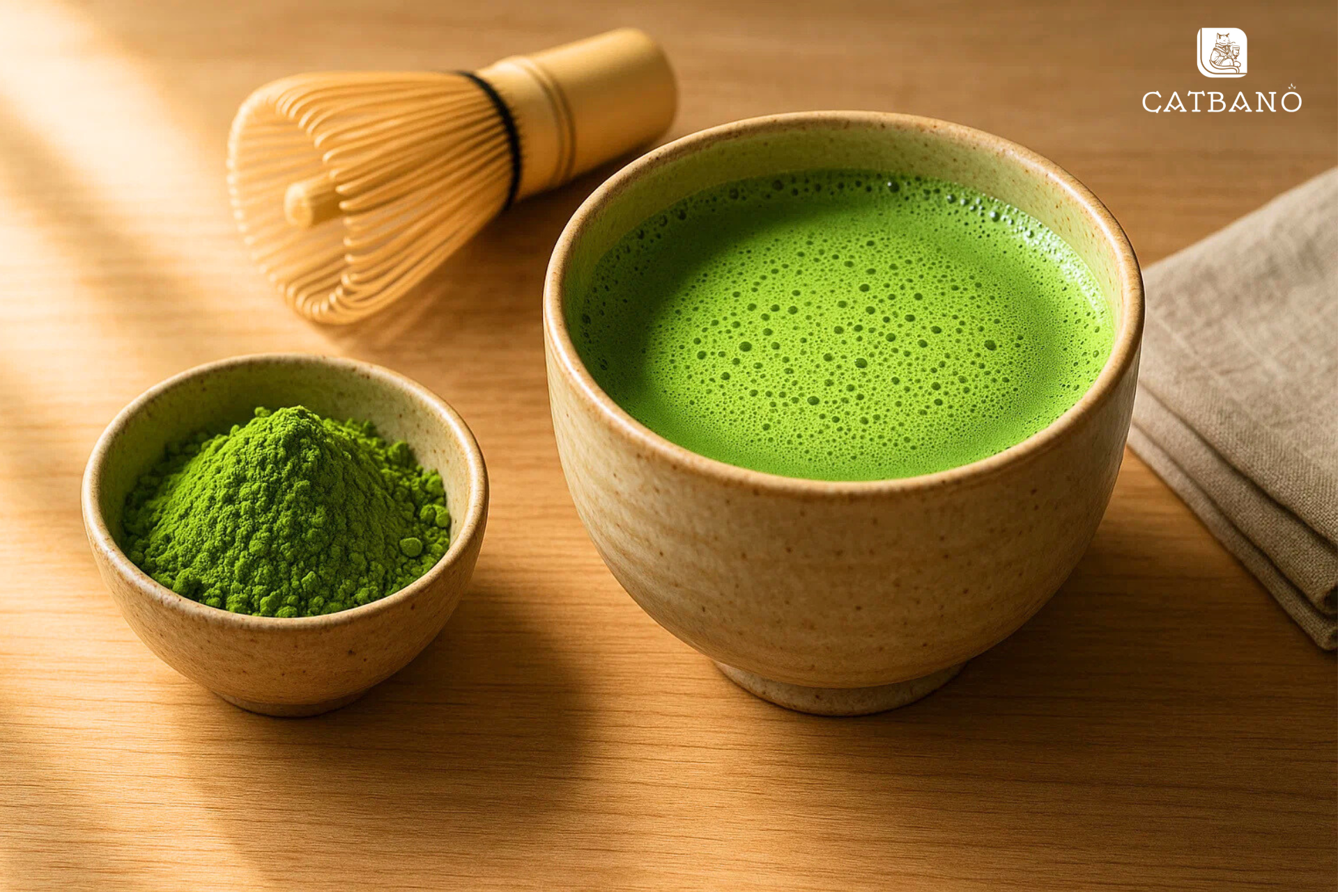 Bột Matcha Oolong trong chén gốm, cạnh ly trà đã đánh bọt