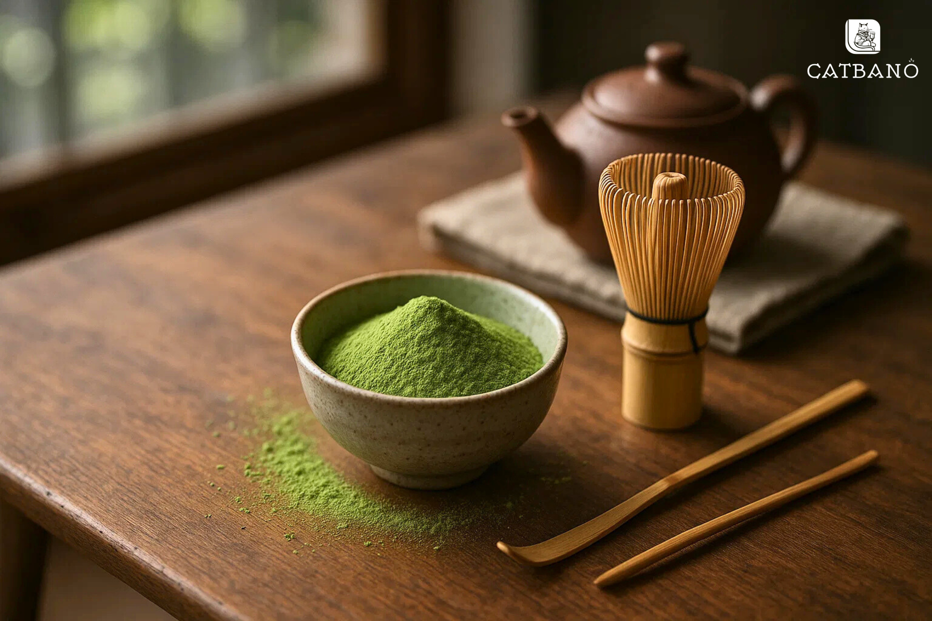 Bột Matcha Oolong trong chén nhỏ, bên cạnh có chasen và chashaku.