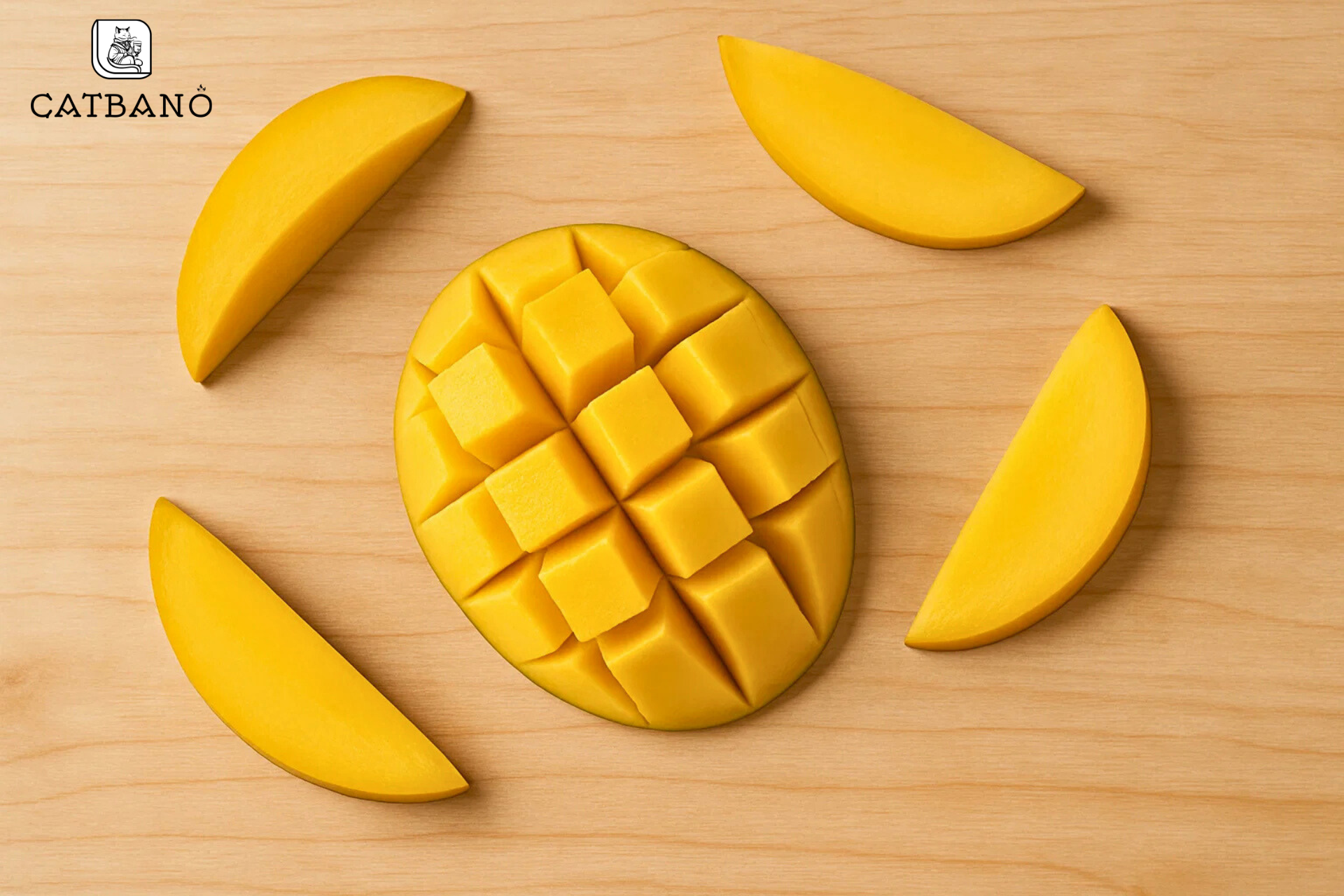 Góc chụp flatlay với bàn gỗ sáng, có thêm vài lát xoài bên cạnh.