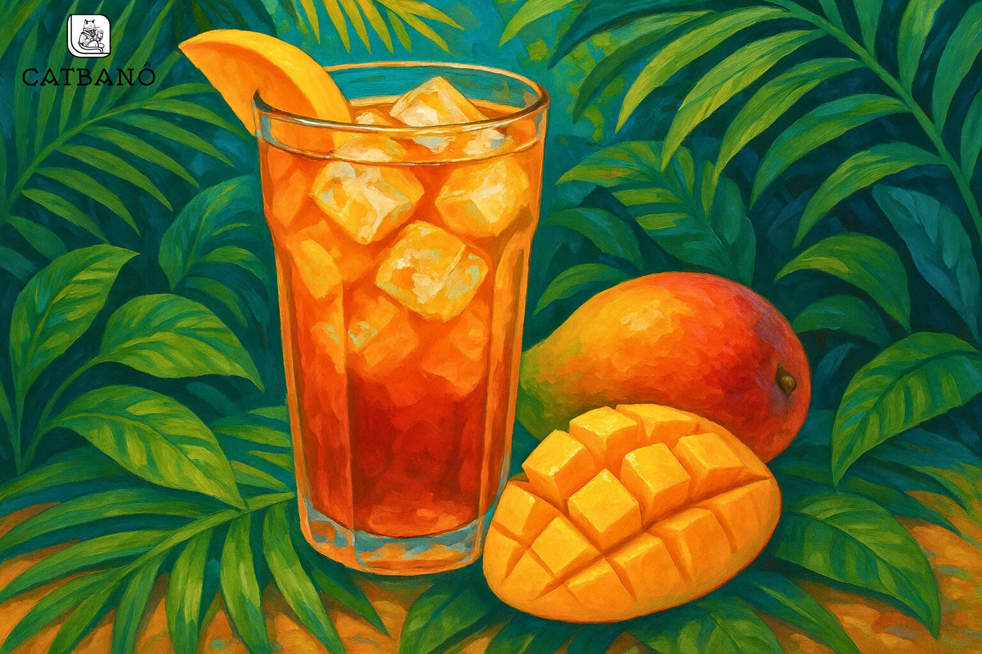 Hình ảnh nghệ thuật ly trà Oolong xoài trong phong cách nhiệt đới, kèm đá viên mát lạnh.