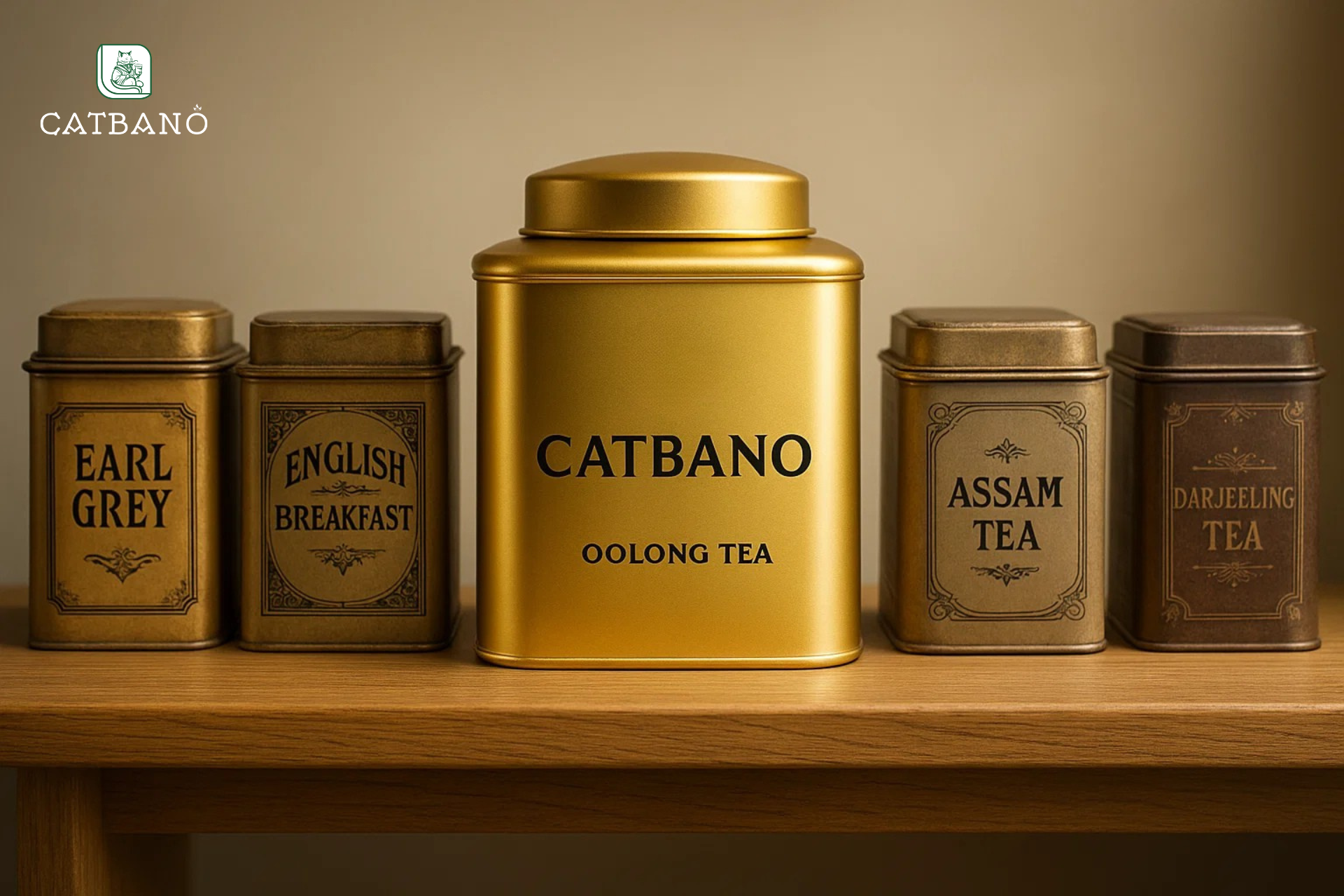 Kệ trưng bày trà Oolong Catbano cùng các dòng trà phương Tây.