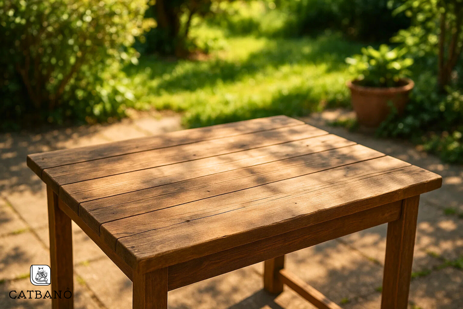 Không gian bàn gỗ, ánh sáng ngoài trời.