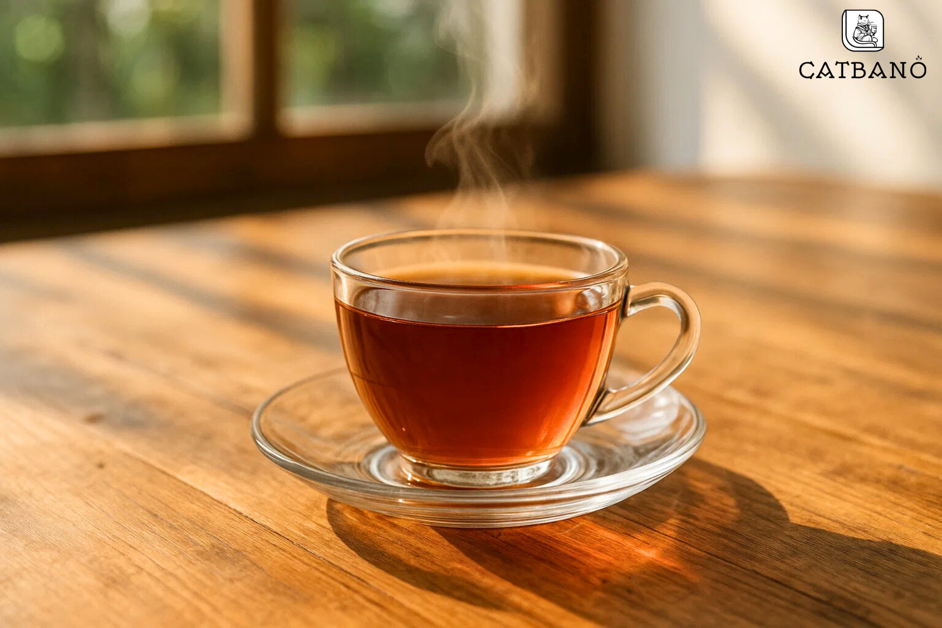 Không gian bàn gỗ, ánh sáng tự nhiên, ly trà nổi bật.