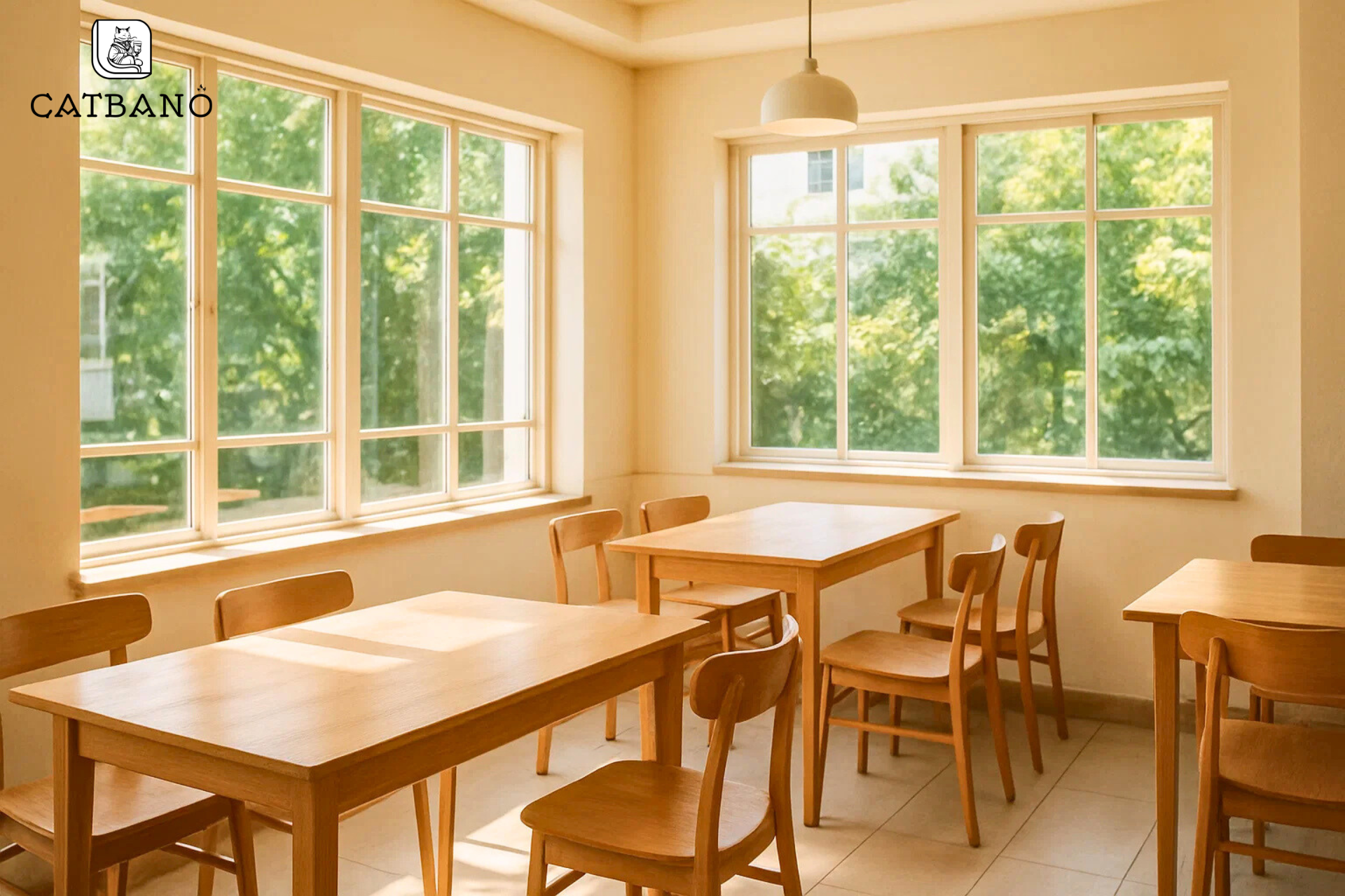 Không gian quán sáng, bàn gỗ, ánh sáng tự nhiên.