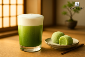 Ly matchalate xanh mướt đặt cạnh bánh mochi hoặc bánh matcha, không gian Nhật Bản tinh tế